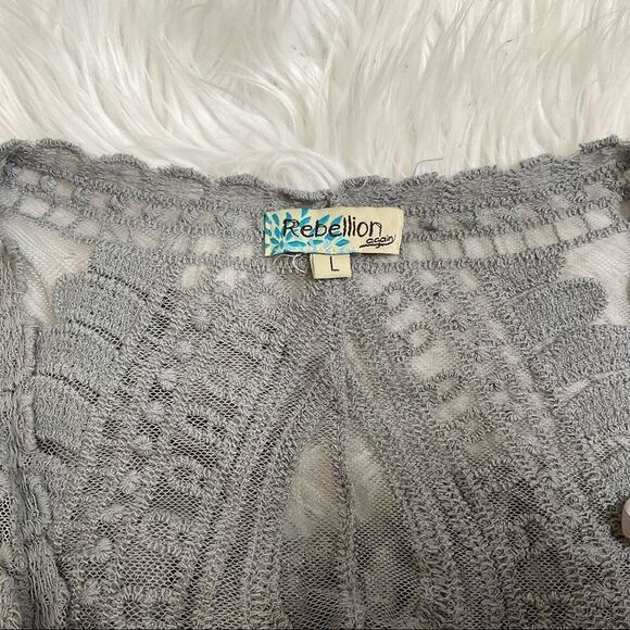 Rebellion Again Grey Open Front Wide  3/4 Sleeve Lace Duster Kimono L - Picture 10 of 10